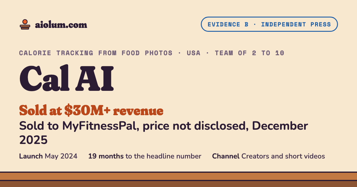 Cal AI: Sold to MyFitnessPal, price not disclosed, December 2025. Calorie tracking from food photos, USA, team of 2 to 10, evidence grade B.