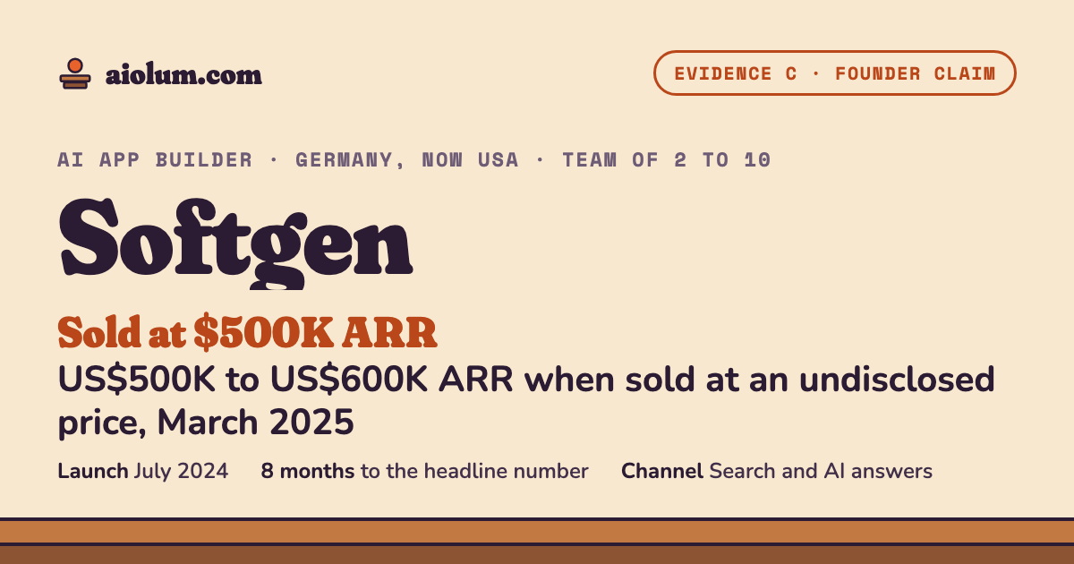 Softgen: US$500K to US$600K ARR when sold at an undisclosed price, March 2025. AI app builder, Germany, now USA, team of 2 to 10, evidence grade C.